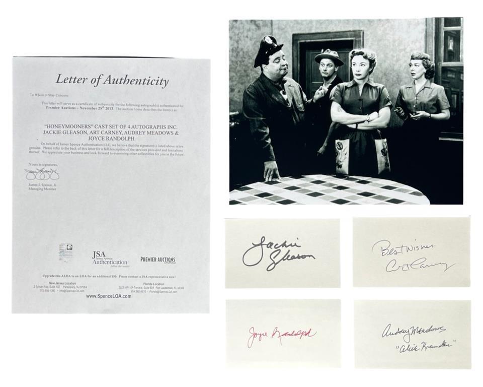 Honeymooners- Crew Signatures/ Autographs: Lot of four "Honeymooners" Crew Signatures/ Autographs on index cards- Jackie Gleason, Art Carney, Joyce Randolph and Audrey Meadows. Come with Certificate of Authenticity. Condition: Good. We truly b
