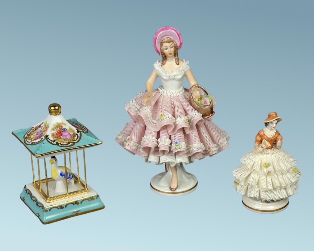 Dresden Lace Porcelain Figurines & Limoges Bird Ca (1 of 11)