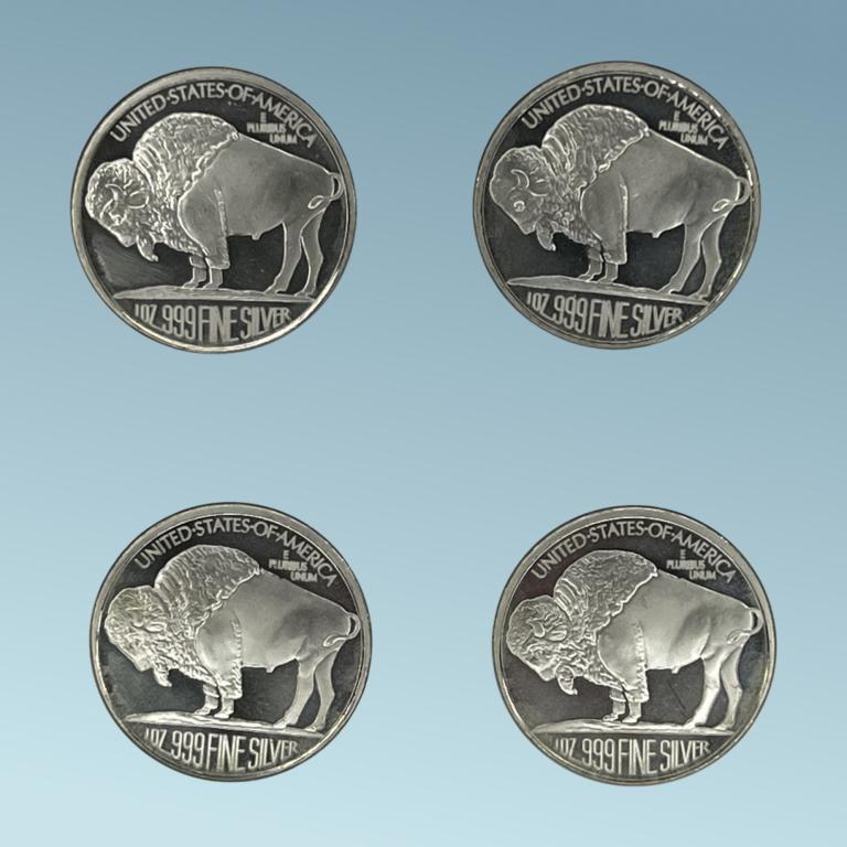 Four 1 Troy oz Fine Silver "Buffalo" Rounds/ Coins (1 of 2)