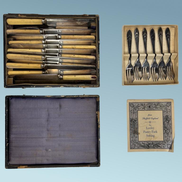 Vintage Sheffield Loxly Pastry Fork Setting & Anti: Vintage Sheffield Loxly Pastry Fork Setting & Antique Fork & Knife Set