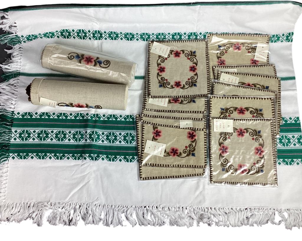Hungarian Traditional Embroidered Tablecloth & Nap: Hungarian Folk Traditional Ebroidered Kalocsa Tablecloth- 74" x 60", 12 20" x 20" Napkins and Two Ebroidred Gift/ Wine Penals.