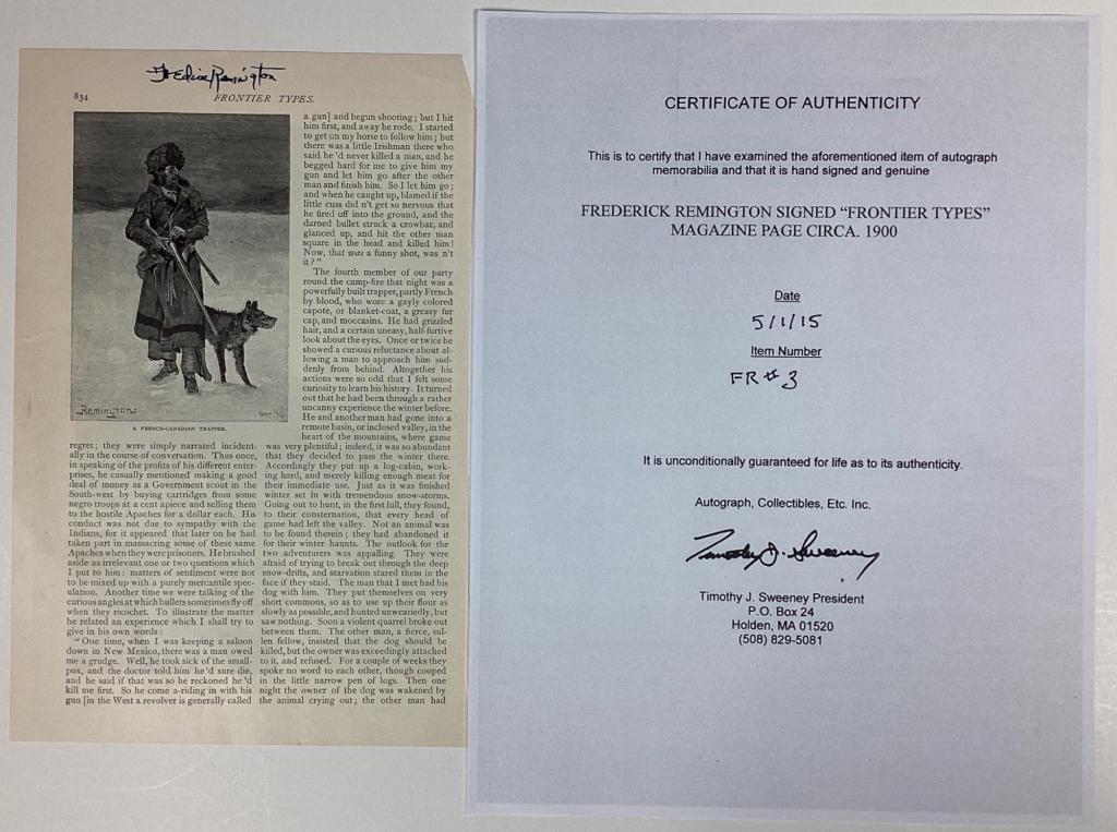 Frederic Remington Autographed Magazine Page: Frederic Remington Signed/ Autographed "Frontier Types" Magazine Page circa 1900. Comes with Certificate of Authenticity. Condition: Good. We truly believe that this item is authentic, but Esquis Auct