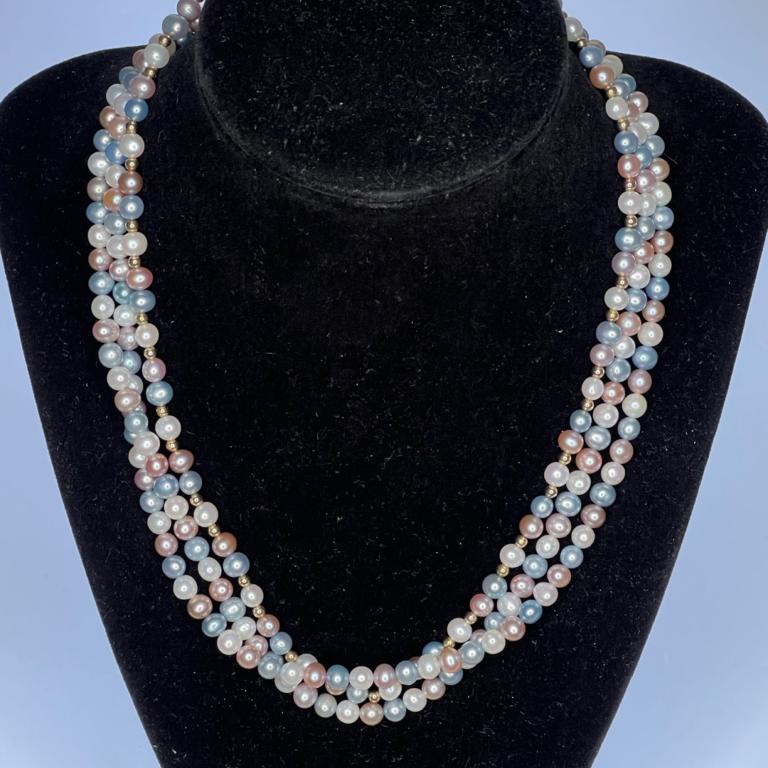 14k Gold & Freshwater Pearls Multi Strand Neckalce: Freshwater Pearls Multi Strand Necklace with 14k Gold Clasps and Beads. 18" long. Good Condition.