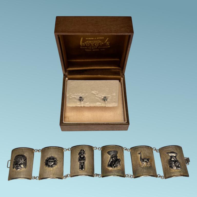 14k Gold Stud Earrings & .900 Silver Inca Bracelet (1 of 8)