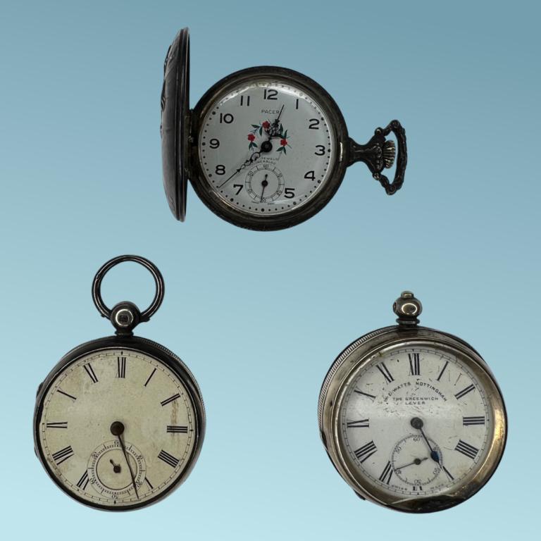 3 Antique Pocket Watches- W.E. Watts, Pacer, Silve (1 of 13)
