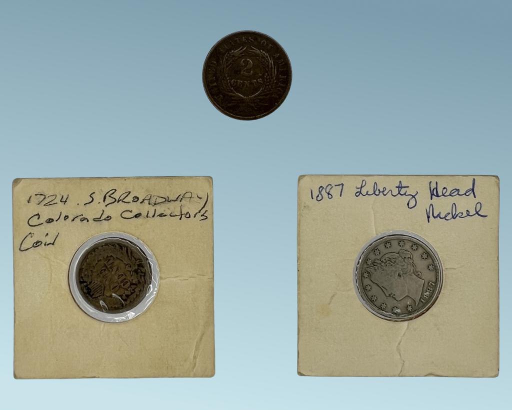 1864 US 2 Cents, 1860  Penny & 1887 Nickel Coins (1 of 7)