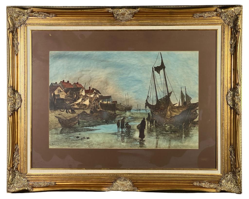 Stephen Parrish- Original Signed 1882 Etching: Stephen Maxfield Parrish (1846 - 1938/ AMerican). Original Hand Colored Etching titled "Nantucket Cove". Signed and dated 1882 left hand corner. Vintage Ornate Frame with Glass. Measures 40" x 50" fra