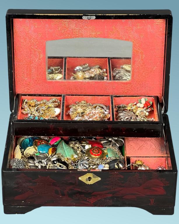 Vintage Jewelry in Oriental Jewelry Box: Oriental Jewelry Box full of Vintage Costume Jewelry. Appear to be in good condition, some might be as found.