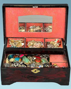 Vintage Jewelry in Oriental Jewelry Box: Oriental Jewelry Box full of Vintage Costume Jewelry. Appear to be in good condition, some might be as found.