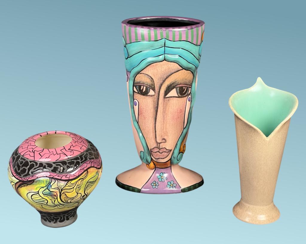 Van Briggle, Roger & Kimberly Willcox Art Vases: Vintage Art Pottery Vases- Van Briggle, Roger and Kimberly Willcox. Tallest is 12". Good Condition.