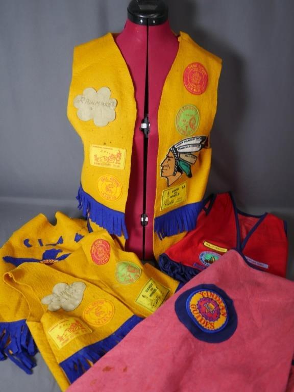 1960's Indian Guides YMCA Canoe on Wheels Vests: 1960's Indian Guides Canoe on Wheels Vests with unique historical patches. Lot of 5. All show age related wear.