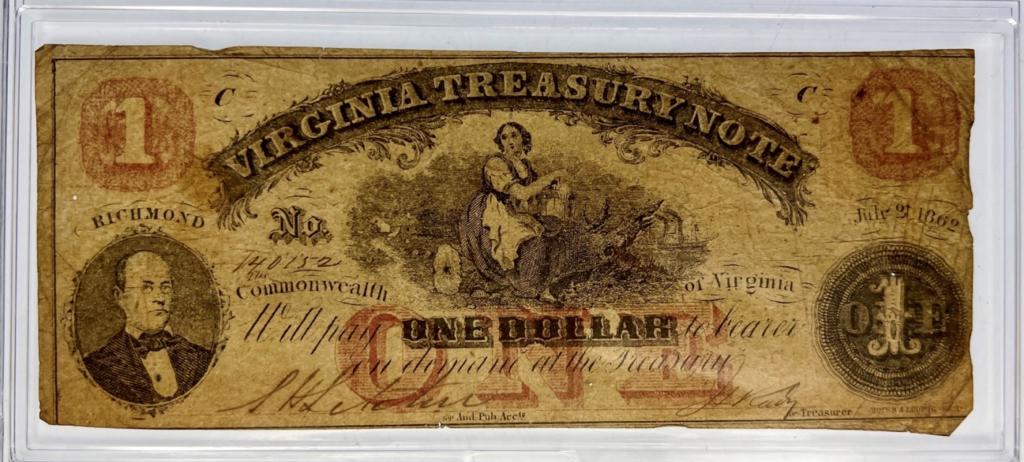 1862 Virginia Treasury Note One Dollar Bill Bankno (1 of 2)