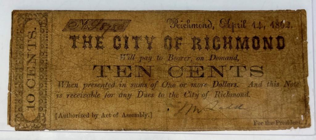 1862  City of Richmond 10 Cents Note/ Banknote (1 of 2)