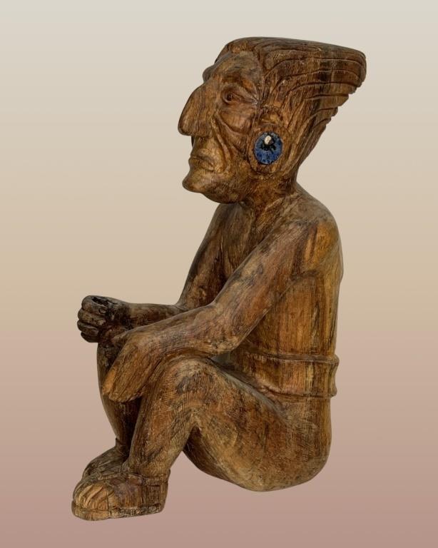 Inca Indian Wood Carved Warrior Sculpture: Inca Indian Wooden Hand Carved Sculpture of sitting warrior. Carved out of single piece of wood. 21" x 14" x 7".
