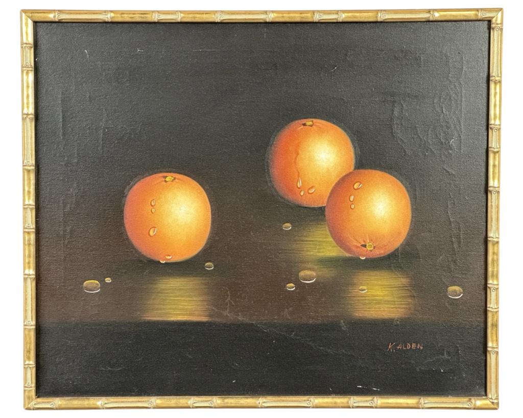 K. Alden- Still Life with Oranges Oil Painting: K. Alden (20th Century). Contemporary Still Life with Oranges Oil on Canvas. Signed lower right corner. measures 25" x 21" framed. Good Condition.