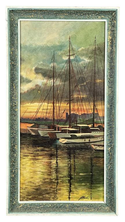 Unknown Artist Yacht Harbor at Sunset Oil Painting: Unknown Artist (20th Century/ European School). Yacht Harbor at Sunset Oil on masonite board. Signatureillegible lower right corner. Measures 26" x 14" framed. Good condition.