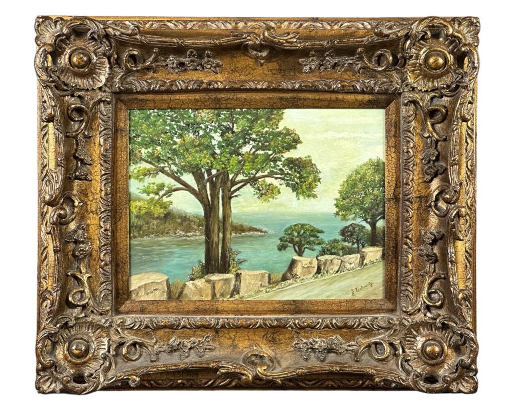 Julie Kralowetz- Landscape Oil Painting: Julie Kralowetz (20th Century, Czechian/ American). Landscape Oil on Board. Signed lower right corner. Circa 1960. Nicely Framed. Measures 26 1/2" x 22 1/2". Good Condition.