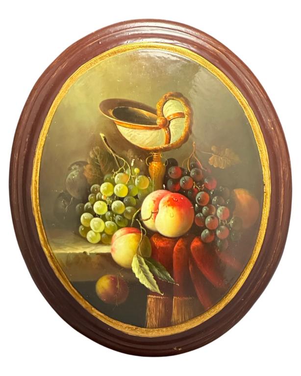 Unknown Artist- Still Life w/ Fruits Oval Painting: Unknown Artist (19th/ 20th Century, European School). Still Life with Fruits with Seashell shaped Ewer at the center. Painted on Owal Wood. Lacquered on top. Measures 12 1/2" x 10 1/2". Good Condition