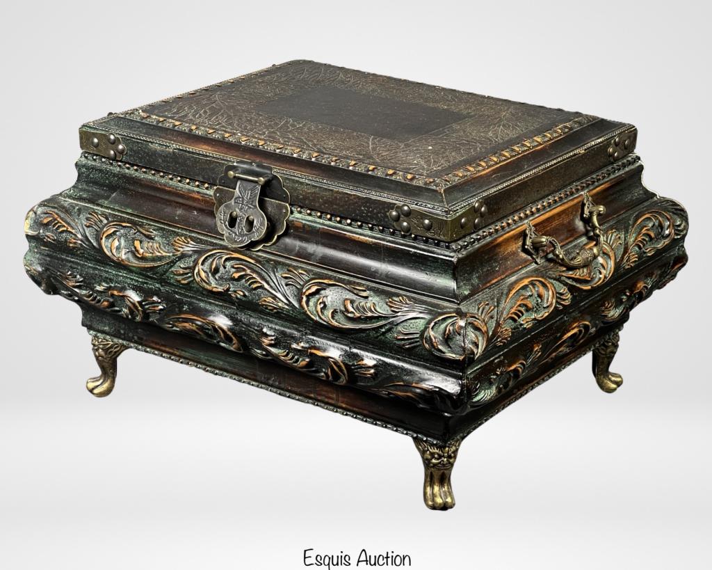 Vintage Large Ornate Penwork/ Jewelry Box/ Chest: Vintage Large Ornate Penwork/ Jewelry Box/ Chest. 18" x 16" x 11". Good overall condition, minor finish loss in couple places.