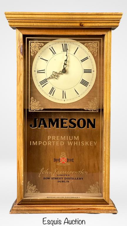 Jameson Whiskey Wood Wall Advertising Bar Clock: Jameson Whiskey Wood Wall Advertising Bar Clock. 22 1/2" x 12". Good working condition.