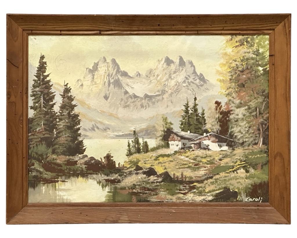 Stan Caroli - Mountain Landscape Oil Painting: Caroli (20th Century/ Hungary). Mountain Landscape Oil on Canvas. Signed lower right corner. Original label on verso dated 1918. Measures 31" x 23" framed. Good Condition.