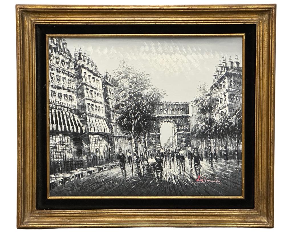 Lehmann- Paris Street Scene Oil Painting: Lehmann (20th Century/ European School). Paris Street Oil on Canvas. Signed lower right corner. 31 1/2" x 27 1/2". Good Condition.
