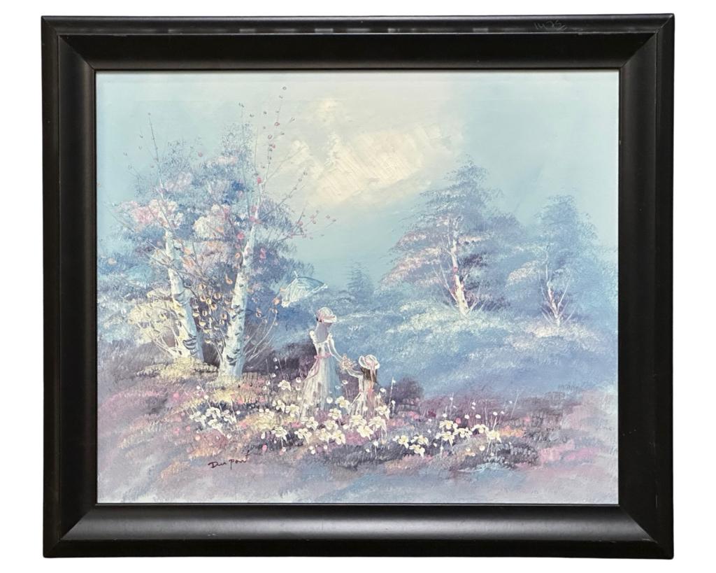 Du Pont Impressionist Landscape Oil Painting: Du Pont (20th Century/ European School). Mother and Daughter walking in forest Oil on Canvas. Signe dlower left corner. Measures 28 1/2" x 24 1/2". Good Condition.