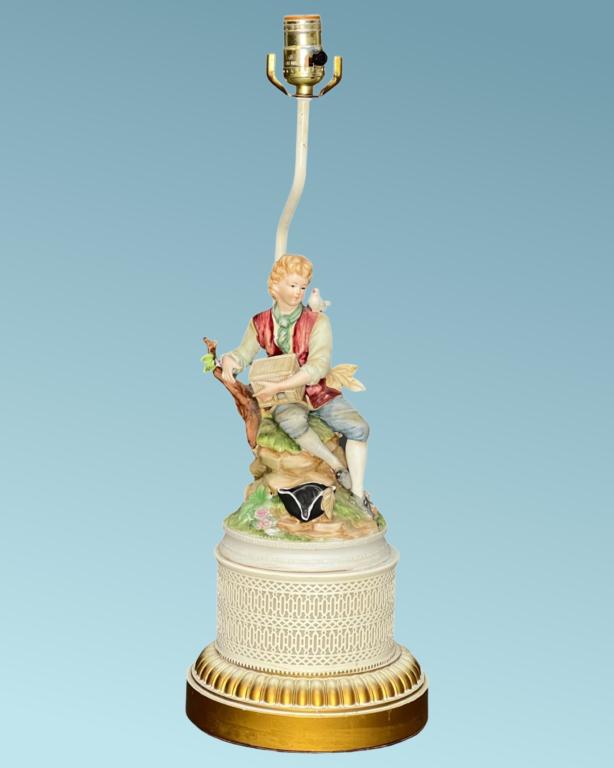 Vintage Figural Bisque Porcelain Lamp w/ Boy (1 of 3)