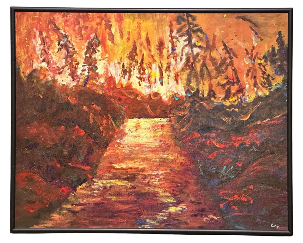 Katy Sullivan- Forest Aflame Oil Painting: Katy Sullivan (20th/21st Century, American). Oil on canvas titled "Forest Aflame". Signed lower right corner. Measures 30 1/4" x 24 1/4". Good Condition.
