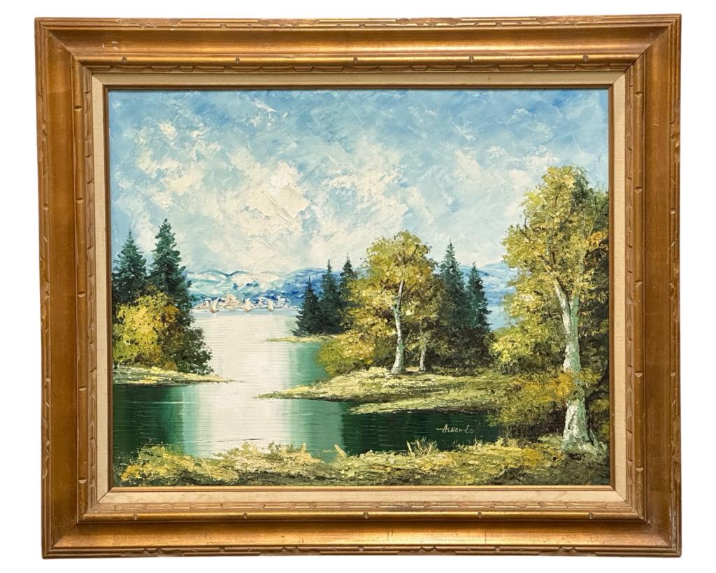 Alberto- Landscape with Lake Oil Painting: Alberto (20th Century/ American School). Oil on Canvas. Signed Lower Right Corner. Measures 38" x 32" framed. Good Condition.