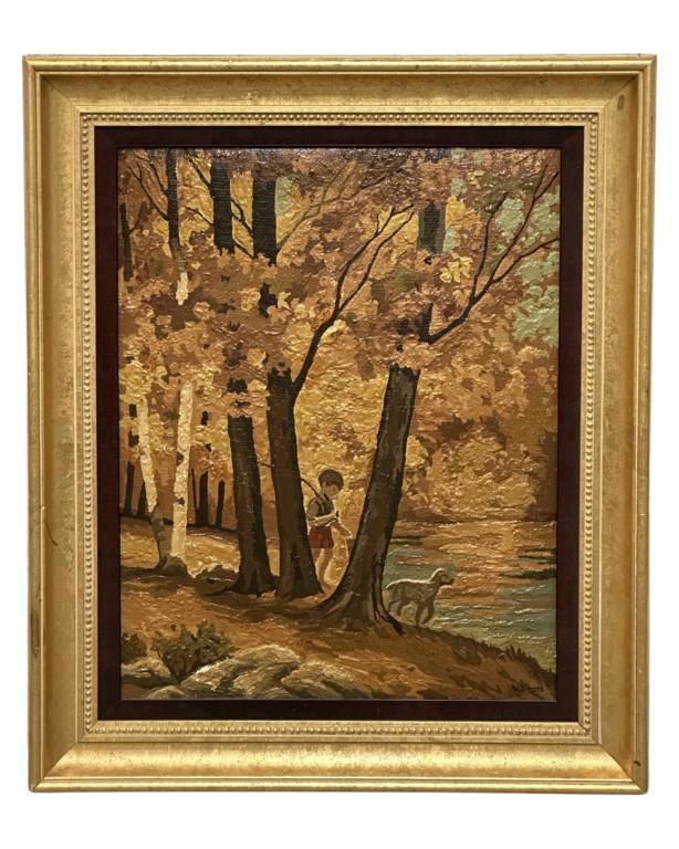 William Henry Innes- Boy with Dog Oil Painting: William Henry Innes (1905-1999/ United Kingdom). Boy with dog are walking in the forest Oil on canvas. Signed lower right corner. Measures 26" x 22" framed. Good Condition.