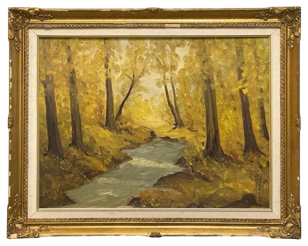 Russell- Impressionist Autumn Landscape Painting: Russell (20th Century/ American School). Oil on Board. Signed along right side. Measures 30" x 23 1/2". Good Condition.