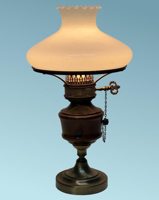 Victorian Style Brass & Wood Oil Lamp w/ Shade (1 of 3)