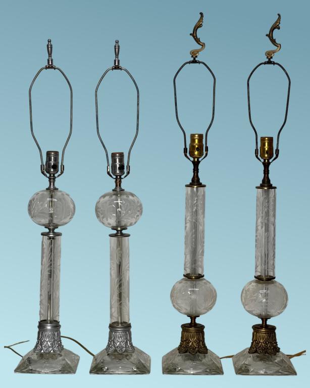 Two Pairs of Vintage Etched Glass Lamps (1 of 6)