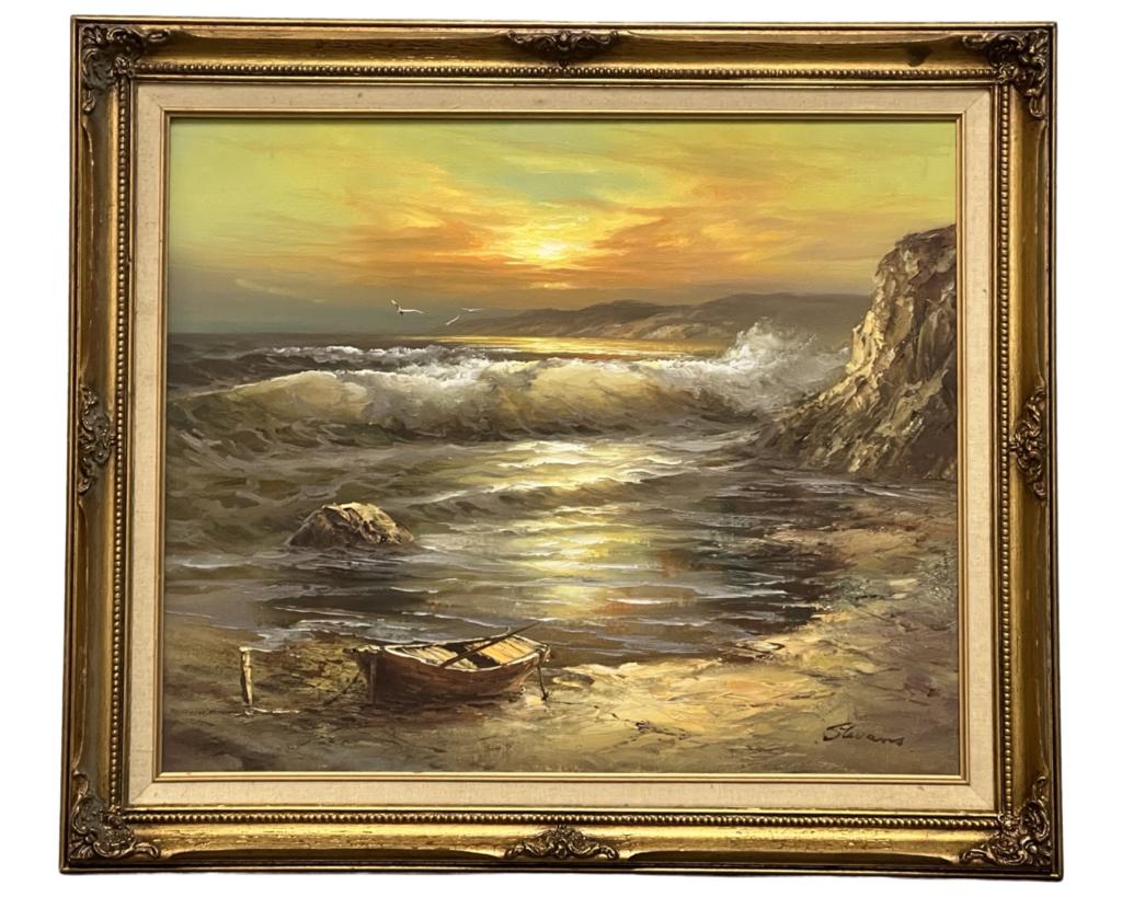 Stevens- Seashore Sunset Oil Painting: Stevens (20th Century/ American). Seashore Sunset Oil on Canvas. Signed lower right corner. Measures 29 1/2" x 25 1/2" framed. Good Condition.
