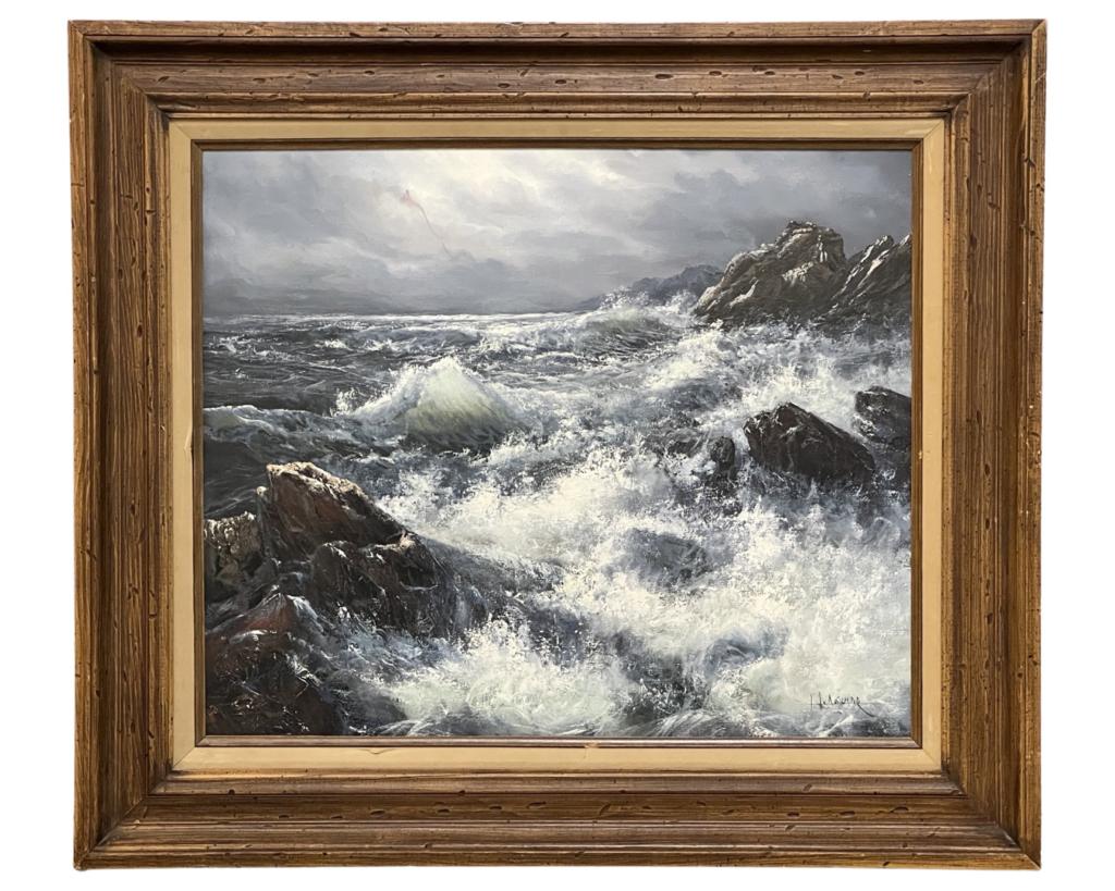 Hamilton Aguiar- Seashore Storm Oil Painting: Hamilton Aguiar (20th Century). Oil on Canvas. Signed lower right corner. Measures 32" x 28" framed. Good Condition.