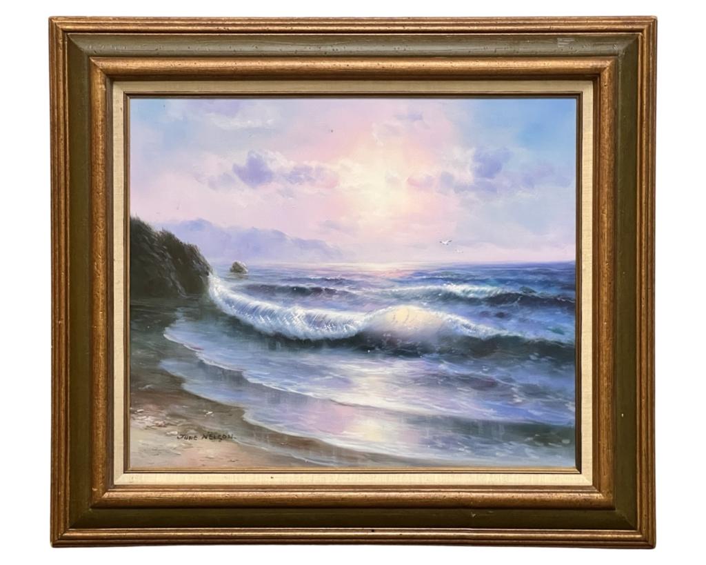 June Nelson- Seashore Seascape Oil Painting: June Nelson (20th Century/ California). Oil on Canvas. Signe dlower left corner. 32" x 28" framed. Good Condition.