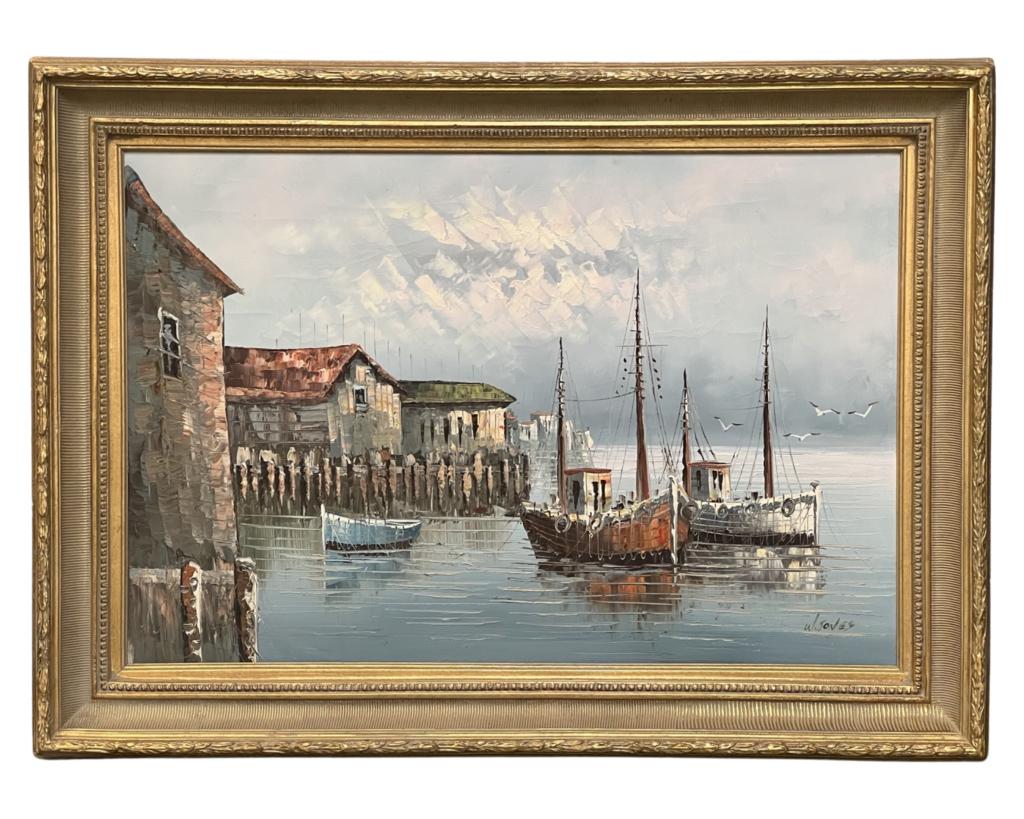 【中古】M▽W.JONES 油絵 漁港 船 海 港 (37866) W. Jones Fishermen Boat Harbor Oil Painting