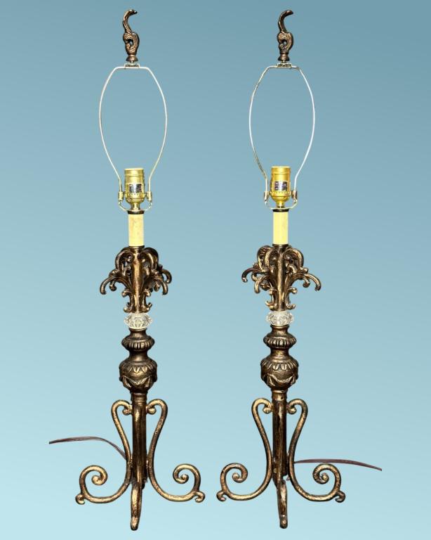 Pair of Cast Metal & Bronze Gilt Lamps: Pair of Cast Metal & Bronze Gilt Lamps. 33 1/2" tall. Good Condition.