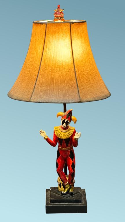 Vintage Figural Court Jester/ Jocker Table Lamp: Vintage Figural Court Jester/ Jocker Table Lamp. 24" tall, shade is 12" in dia. Good Condition.