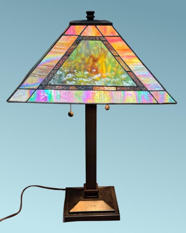 Dale Tiffany Art Nouveau Style Stained Glass Lamp: Dale Tiffany Art Nouveau Style Stained Slag Glass Lamp. 27" tall. Shade is 18" x 18". Shade has some damage (please, see photos).