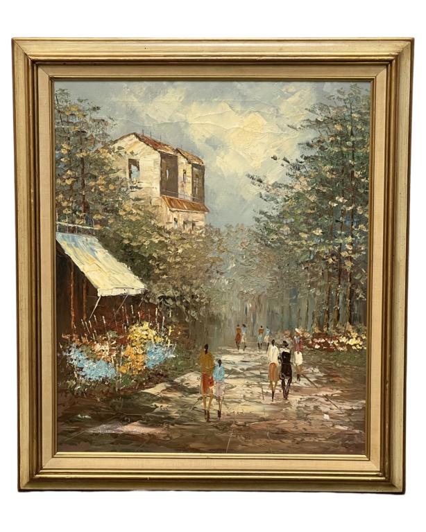 Unknown Artist- Town Street Scene Oil Painting (1 of 2)