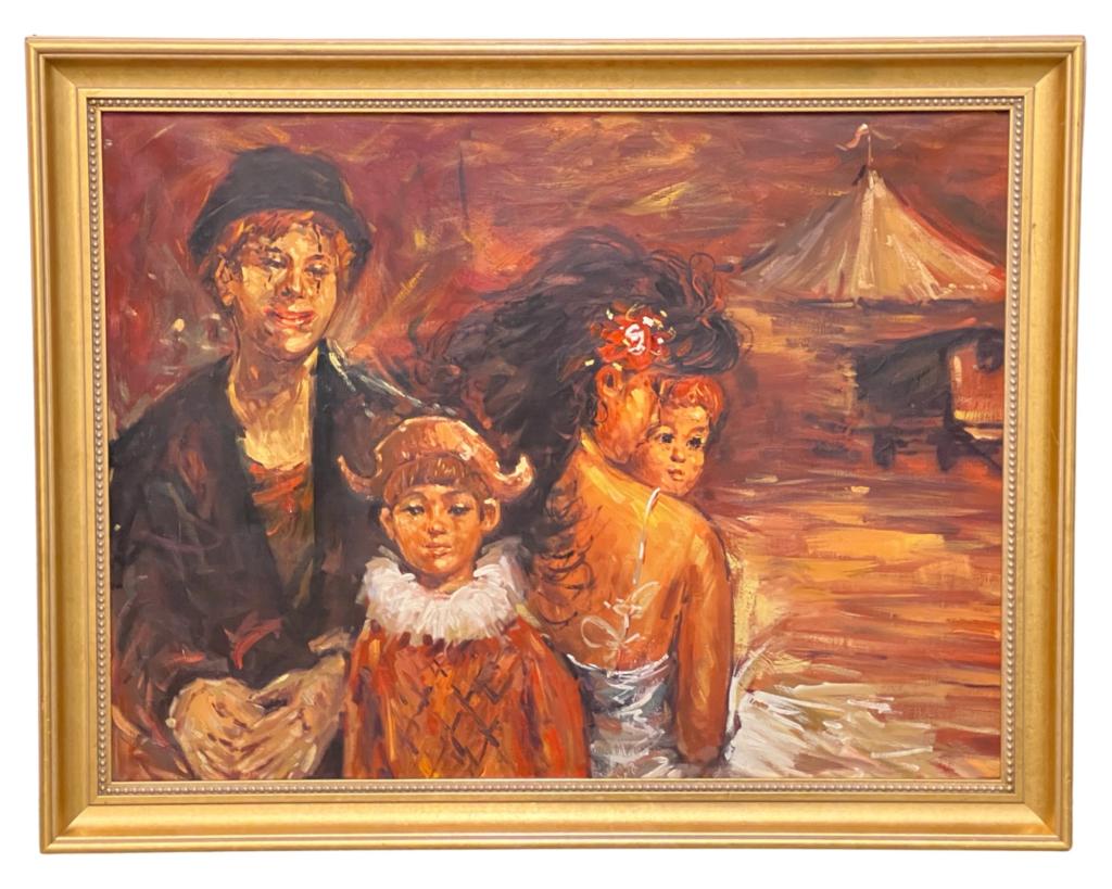Petrieci- Circus Family Oil Painting: Petrieci (20th Century/ European School). Circus Family Oil on Canvas. Signed lower right corner. Measures 36"x 28" framed. Has to be reframed, frame is too small.