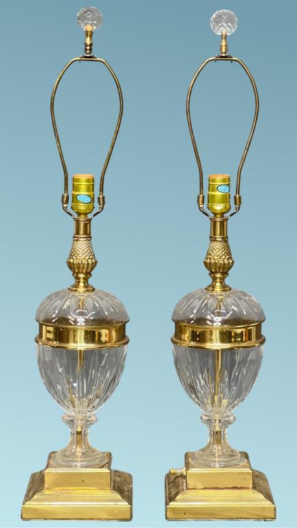 Pair of Vintage French Neoclassical Style Lamps: Pair of Vintage French Neoclassical Style Glass & Brass Lamps. Measure 30" tall. Good overall condition, some tarnish on bases.