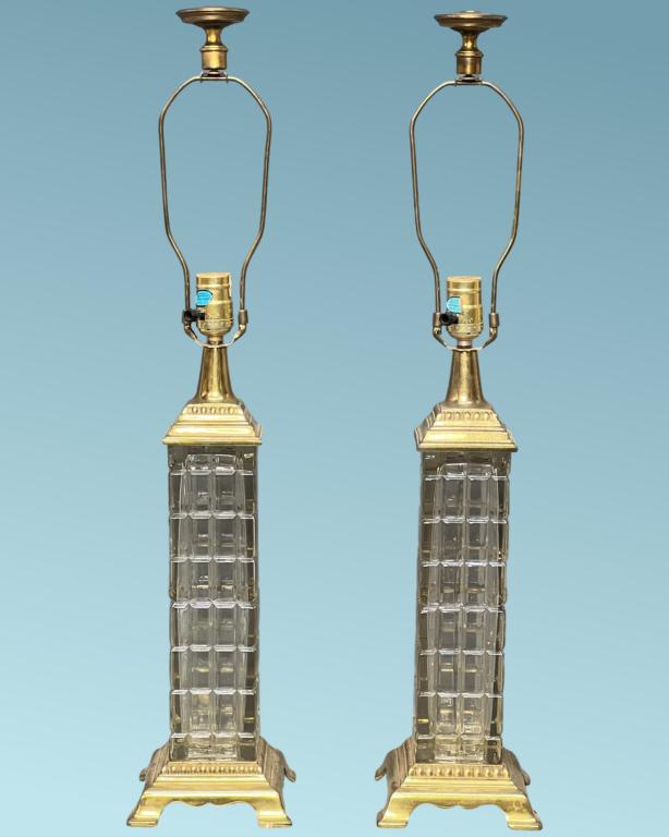 Pair of Mid Century Molded Glass & Brass Lamps (1 of 4)