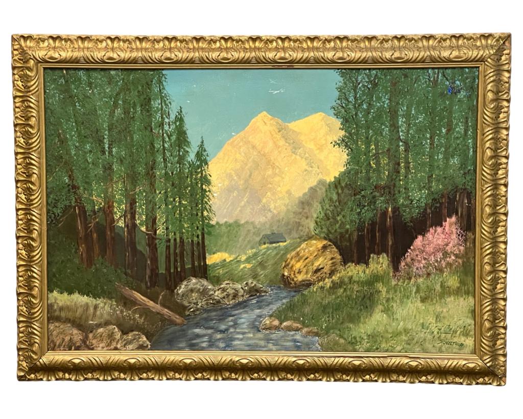 Schelthoff- Mountain Landscape Oil Painting: Schelthoff (20th Century/ American School). Oil on board. Signe dlower right corner. Measures 41" x 29" framed. Good Condition.