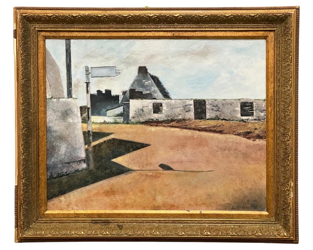 J. Johnson- Modernist Street Scene Oil Painting: J. Johnson (20th Century/ American). Oil on Canvas. Signed lower right corner. Measures 36" x 29 1/2". Good Condition.