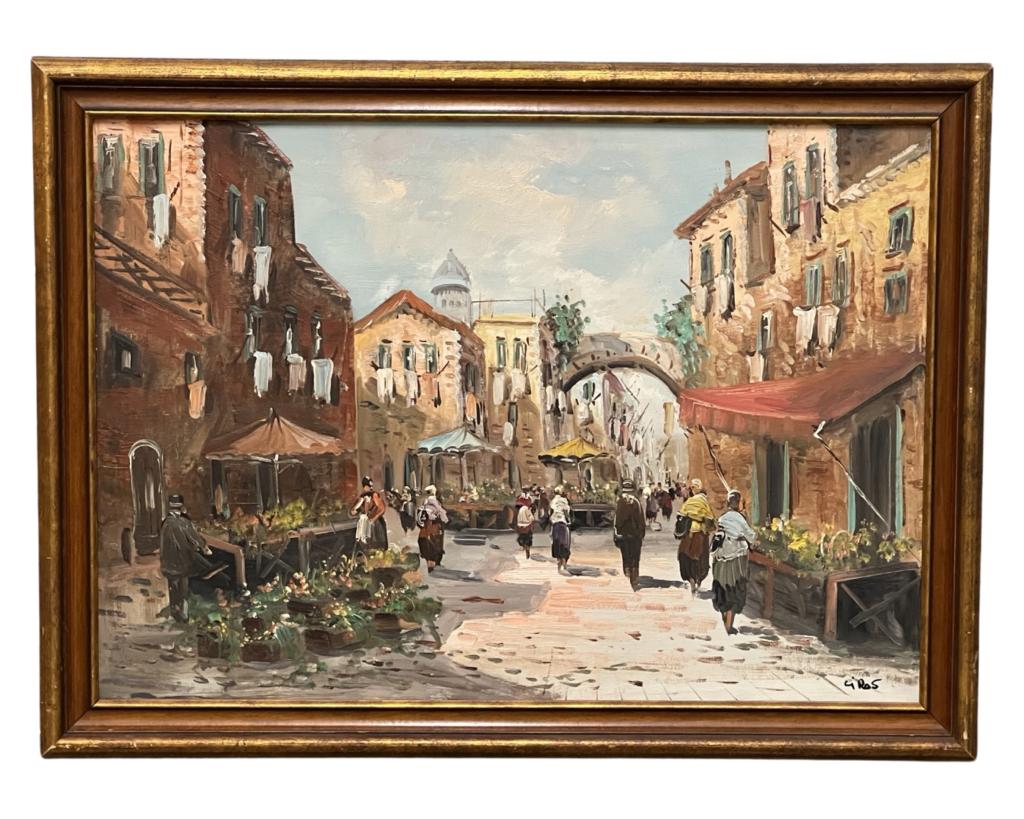 Unknown Artist- Town Street Scene Oil Painting (1 of 3)