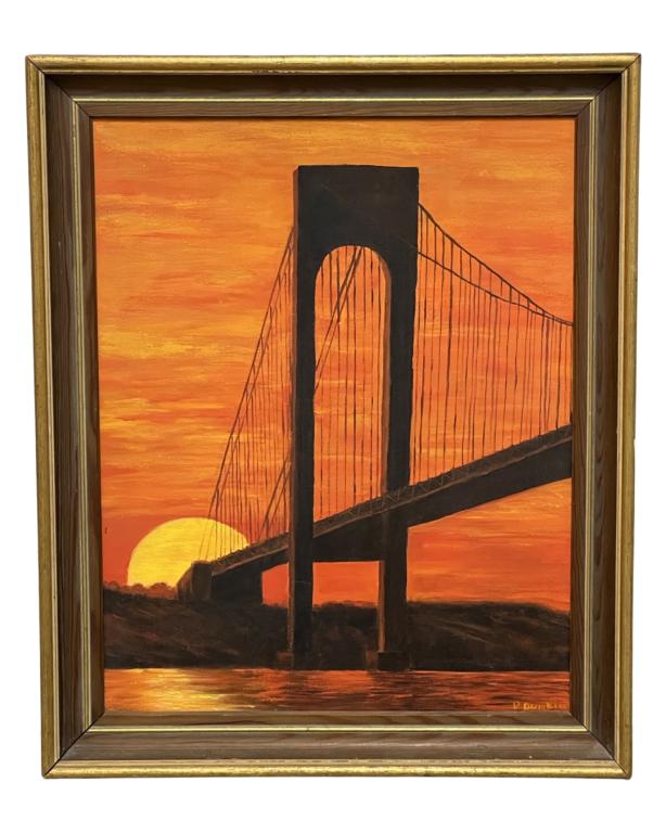 P. Dunkin- NYC Bridge at Sunset Oil Painting: P. Dunkin (20th Century/ American). Oil on Canvas. Signed lower right corner. Measures 24" x 13 1/2" framed. Good Condition.