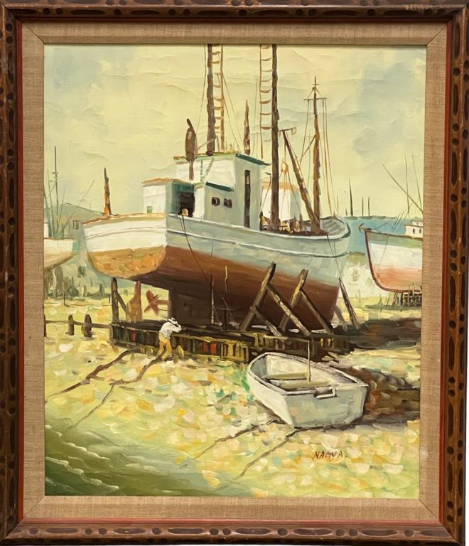Nagy A.- Boat Yard Oil Painting: Nagy A. (20th Century/ Hungary). Oil on Canvas. Signed lower right corner. Measures 28" x 24" framed. Good Condition
